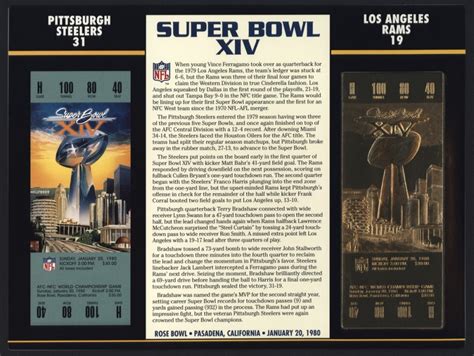 Super bowl 14 box score - Feb 11, 2024 · The payout for each winner is determined prior to the game, based on how much the group is willing to put in. For example, if each square costs $10, the total pot is $1,000. The winners at the end of each of the first three quarters could win $200 each, with the final score winner taking home $400. The payouts are up to you - it could be an ... 